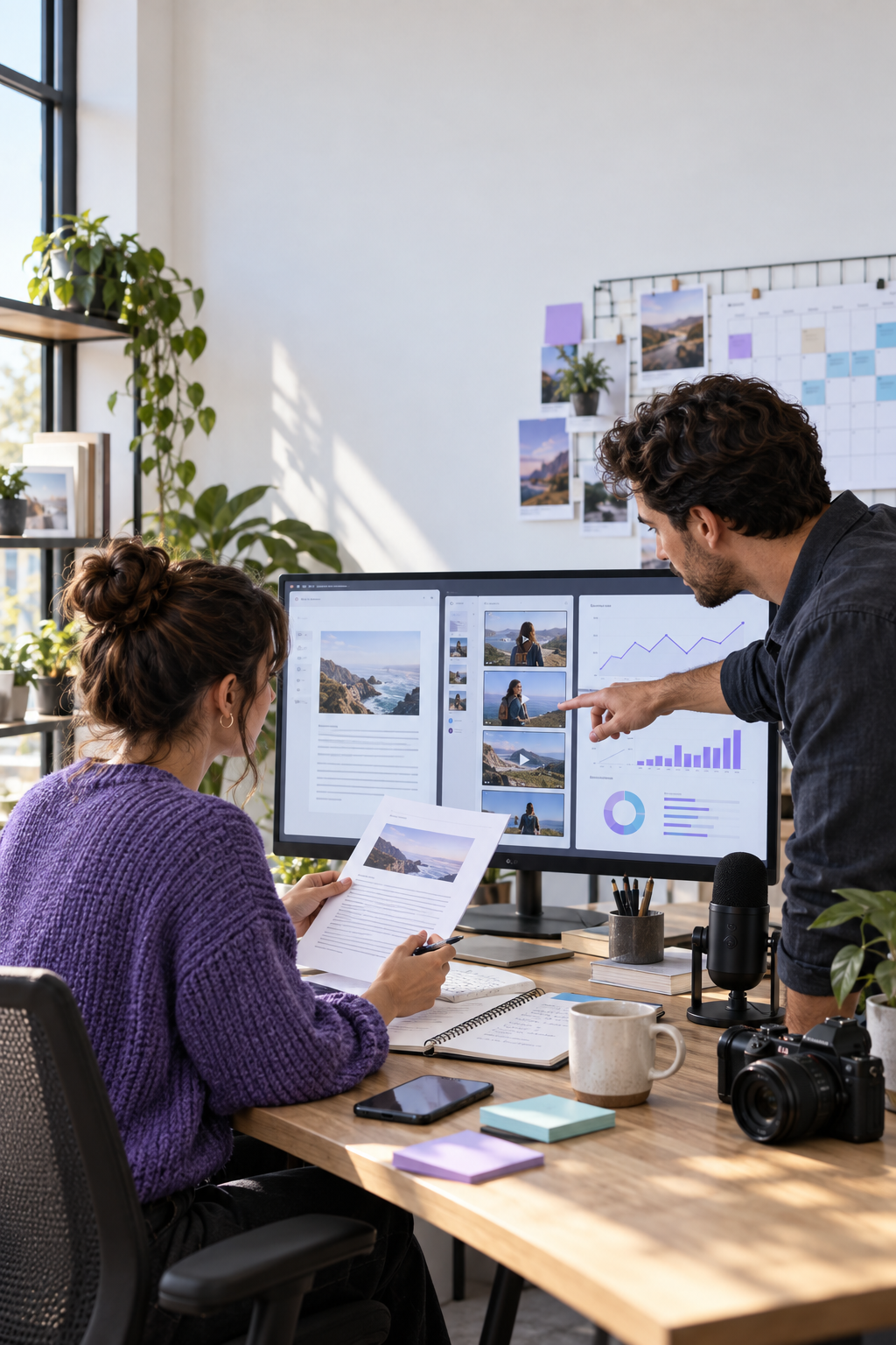 A small marketing team reviews written and video assets on a shared production screen