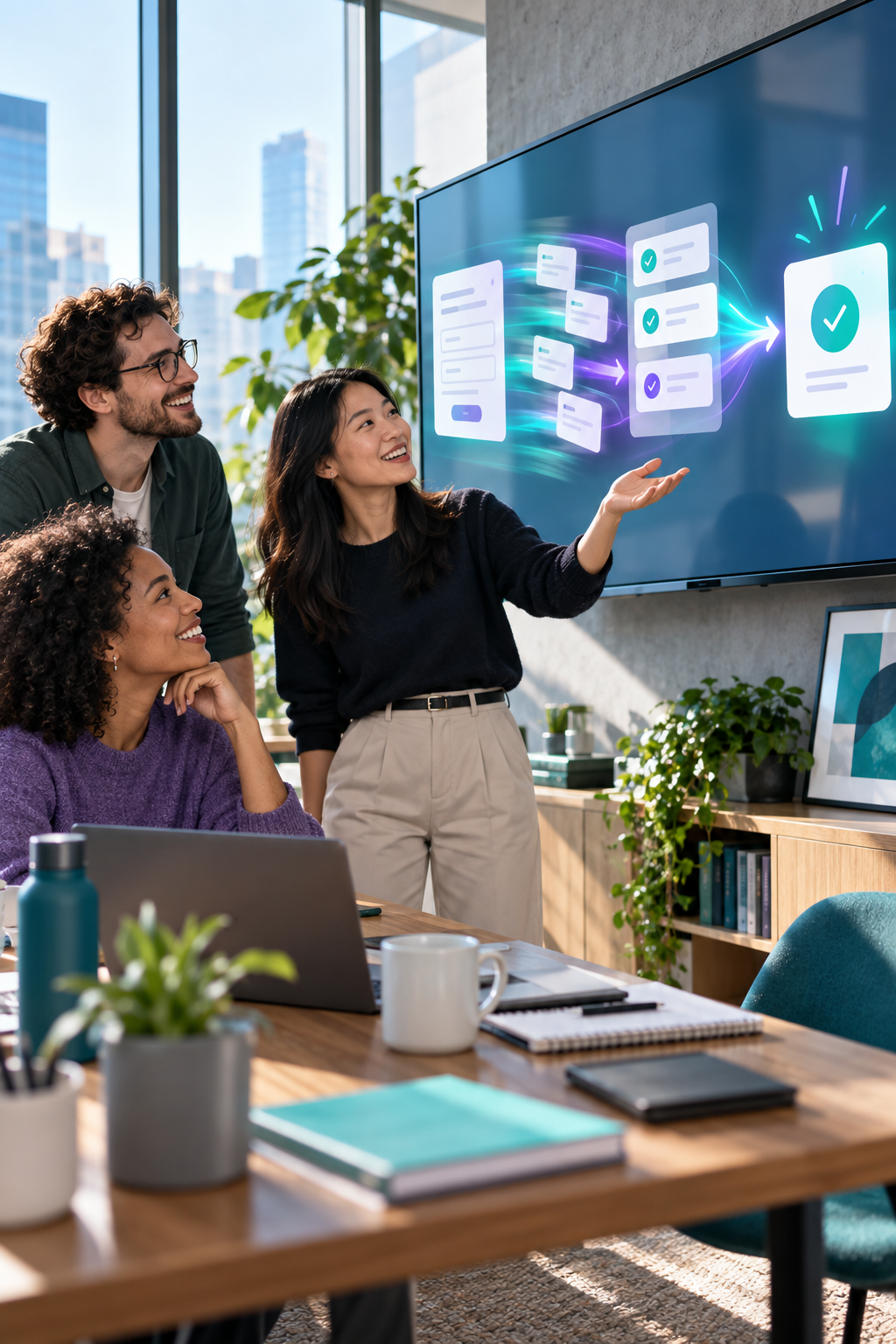 A small operations team reviews a workflow moving requests into assigned work and confirmation